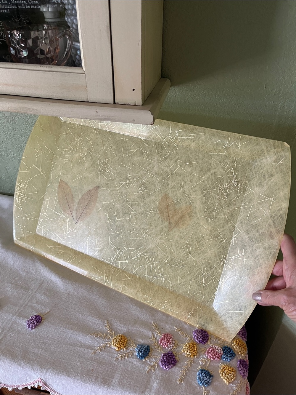 Vintage 1950s Fiberglass Serving Tray Embedded Leaves Gold Metallic MCM